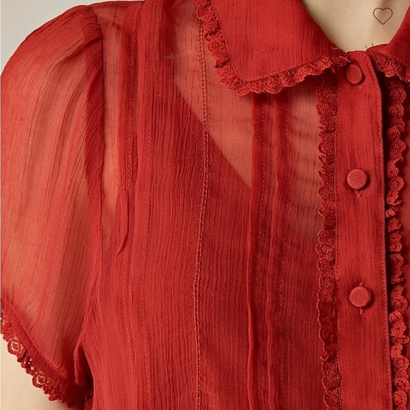 J crew Persian red Sheer lace-trim button-up shirt - Picture 3 of 6